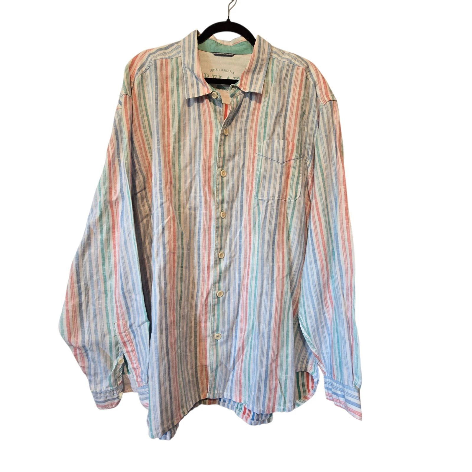 Tommy Bahama Rainbow Striped 100% Linen Shirt Mens XXL Button Up Long Slv Preppy