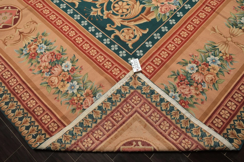 Alfombra de punta de aguja Aubusson francesa tejida a mano de lana verde azulado tejido plano 11'9''x15'8"" Foto 3 de 4