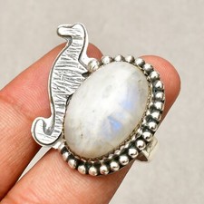 Rainbow Moonstone Gemstone Handmade 925 Sterling Silver Jewelry Ring Size 8"