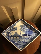 ANTIQUE SPODE TIBER ROME PEARLWARE DIAMOND SHAPED DISH PLATTER BLUE WHITE