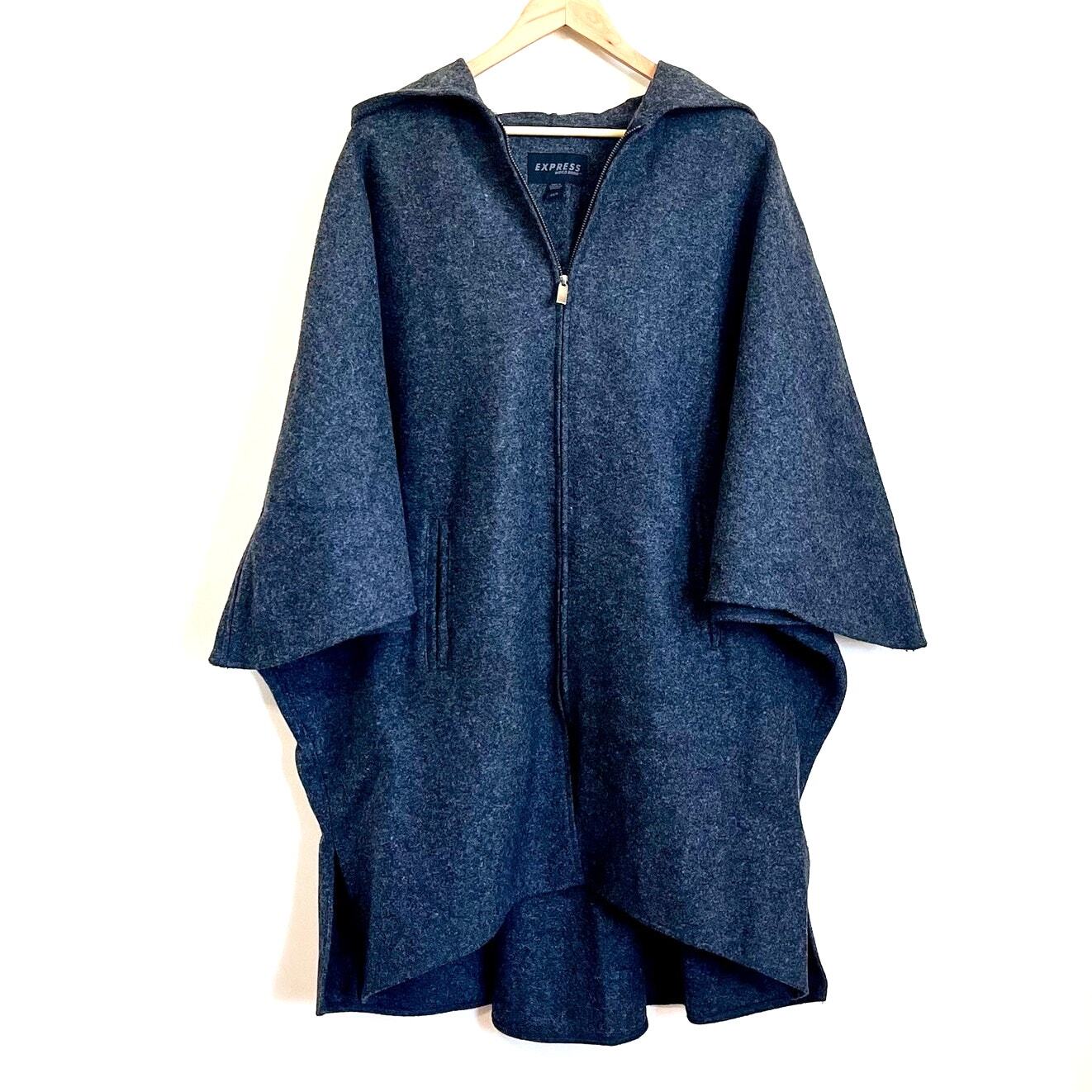 Vintage Express Women Coat Poncho Size  XS S Gray Wool Oversized Zip Grunge Y2K