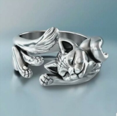 Modeschmuck Damenring 925 Sterlingsilber vergoldet Katzenliebhaber UK-Größe V