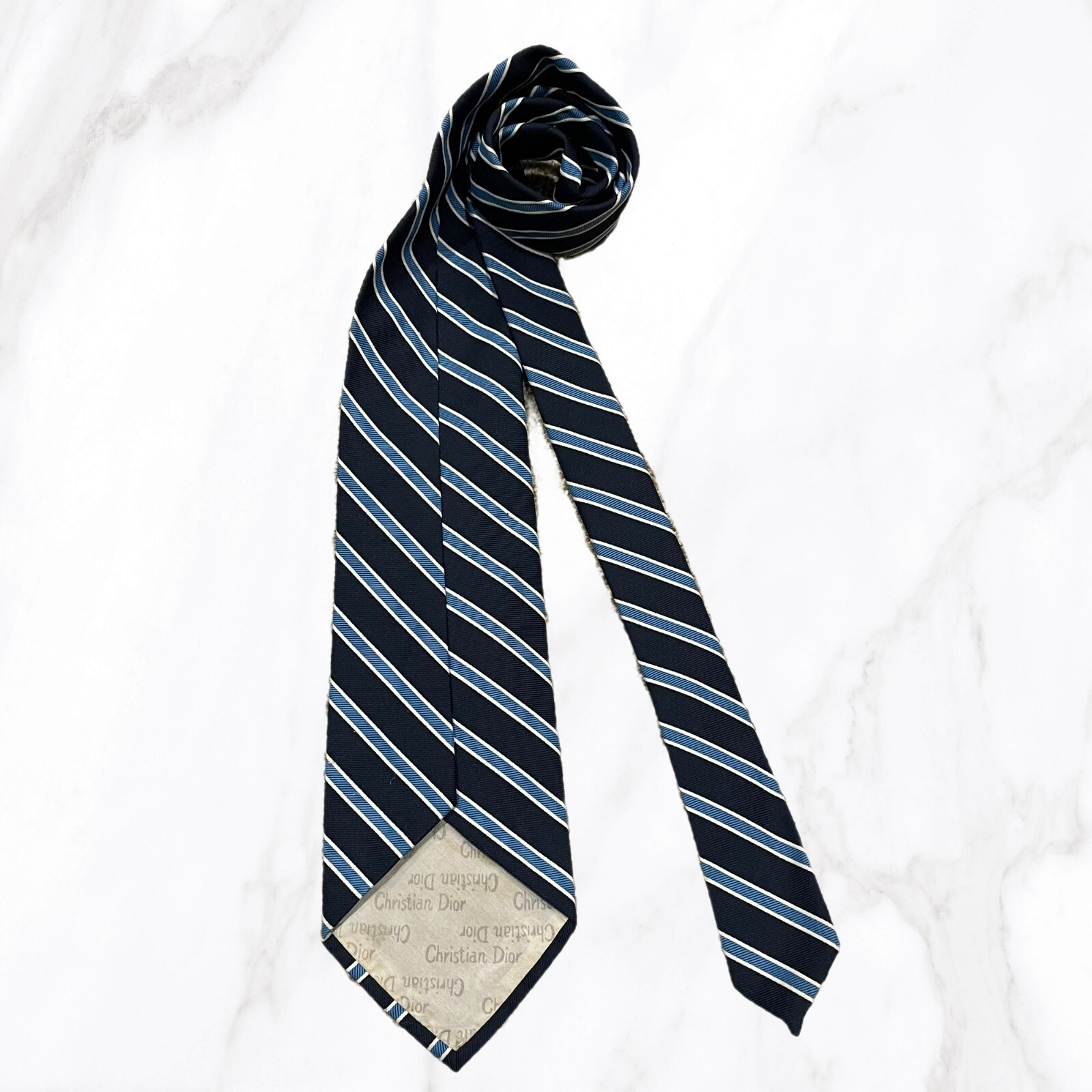 Vintage Christian Dior Blue Striped Tie, OS thumbnail 4