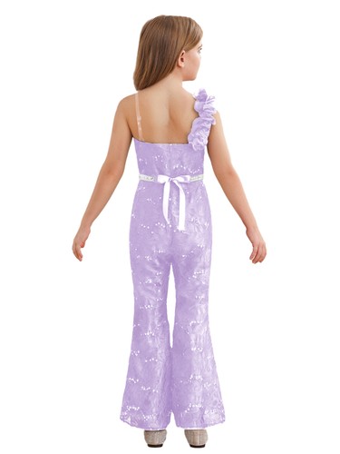 Girls One Shoulder Jumpsuit Sequin Sleeveless Flare Leg Long Romper High Waist - Picture 66 of 74