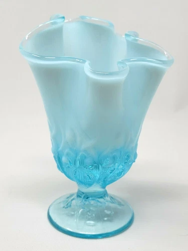 Fenton Blue Opalescent Ruffled Lily of the Valley Vase Handkerchief 6"
