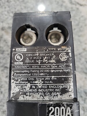MURRAY 200 AMP MD-HTR CIRCUIT BREAKER 2 POLE 240/120 VAC 22kA MPD2200RH