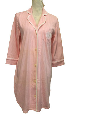 American Living Sleepshirt, Small, Pink/White Stripes, Embroidery, Button-down