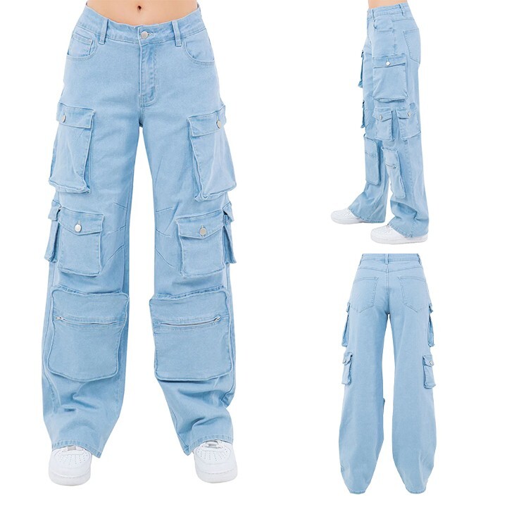 American Bazi Women's High Rise Cargo Pocket Loose Fit Denim Jeans