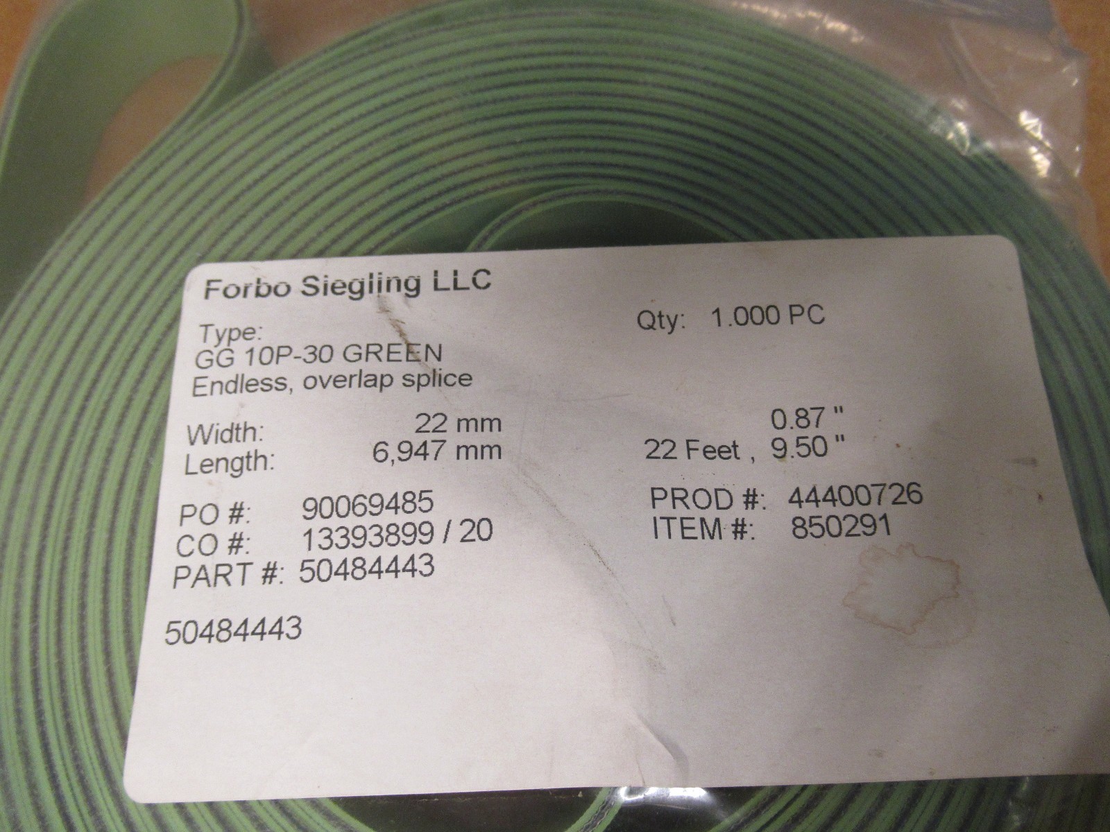 FORBO SIEGLING ENDLESS, OVERLAP SPLICE GG 10P30 GG10P30 GREEN 22MM W 6