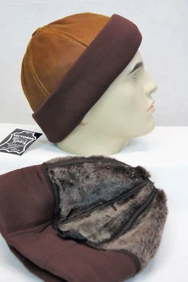 Cognac Bonnet En Laine De Mouton En Cuir D'Hiver À Bord Ronde Pour Ski M-XXL - Photo 1/4