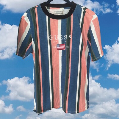 Vintage Guess Mens Small Los Angeles Striped T-Shirt Pink Blue