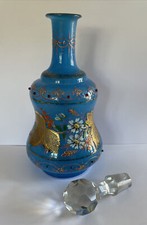Antique Moser Decanter Bohemian Glass Enamelled Gold Guilt Milk Blue Glass 9”
