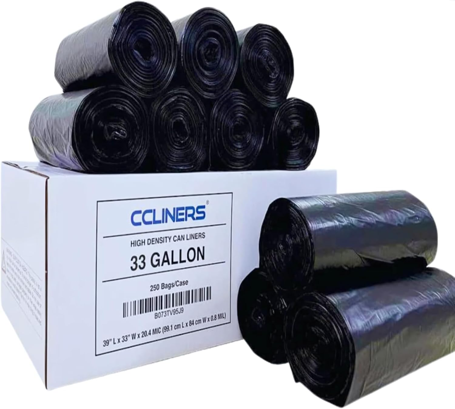 33 Gallon Trash Bag (250 Count Bulk) LIGHT-DUTY 21 Microns Black Trash Bags 30 G