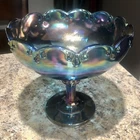 Vintage Indiana Glass Blue Carnival Glass Pedestal Bowl Scallop