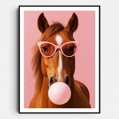 Horse with Sunglasses Blowing Pink Bubble Gum Retro Wall Art Poster Print