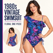 Vintage 1980s Women  s Floral One Piece Swimsuit One Shoulder Ruffle Ruched Tie