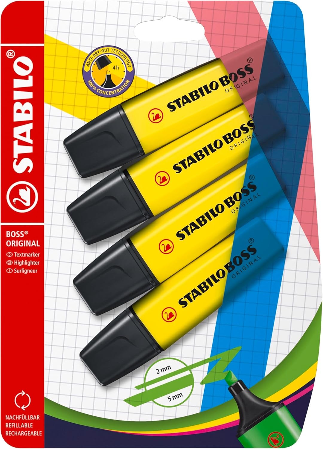 Highlighter - STABILO BOSS ORIGINAL - Pack of 4 - Yellow