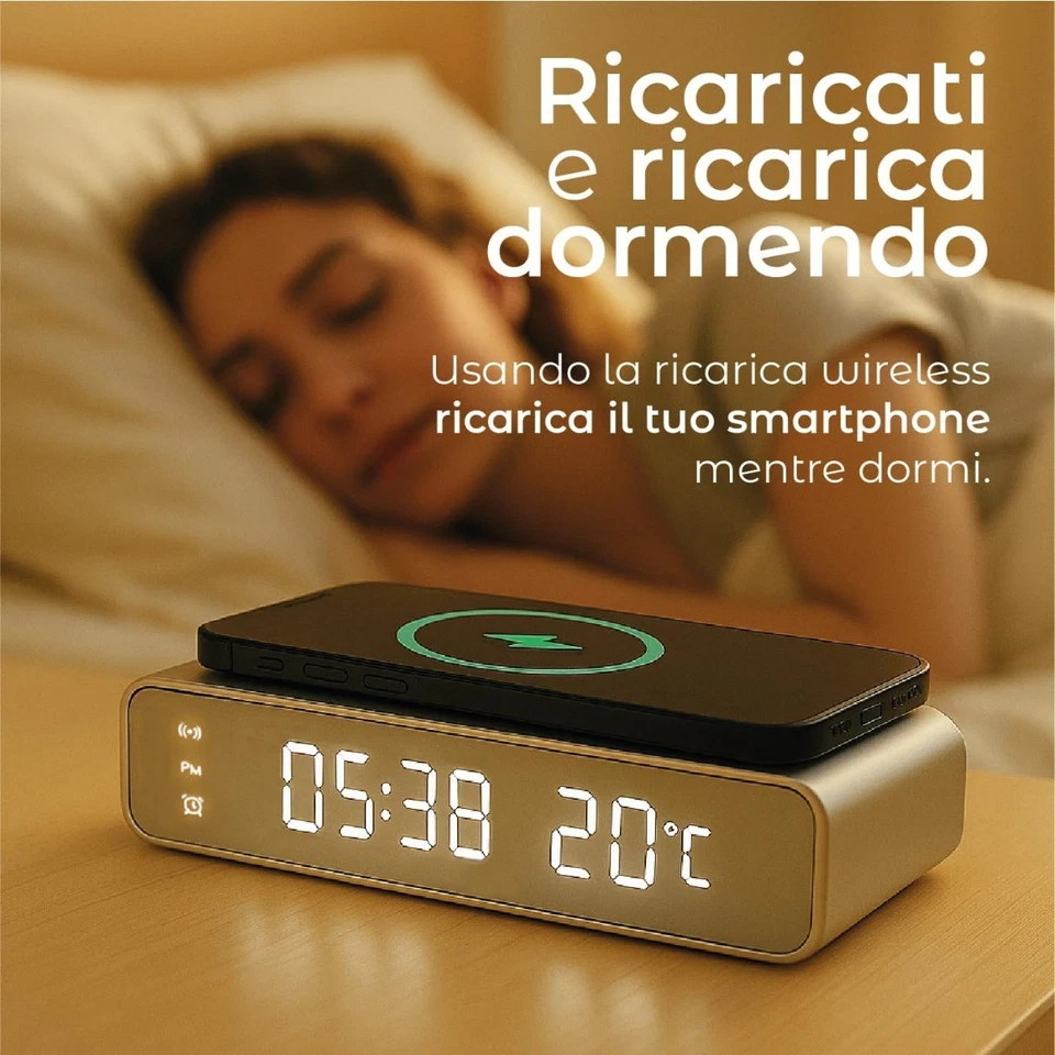 TECHMADE – Sveglia Digitale con Ricarica Wireless, Allarme con Timer, Display  - Immagine 3 di 4