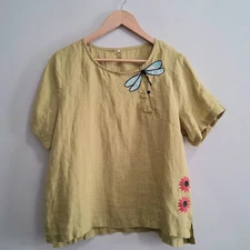 Linen Boxy Embroidered Dragonfly Applique Mustard Yellow Top Size Large
