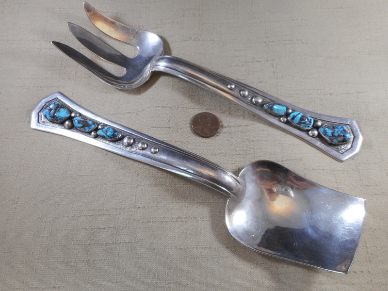 Amazing OLD Frank Patania Sr. LARGE silver & turquoise SPOON & FORK set