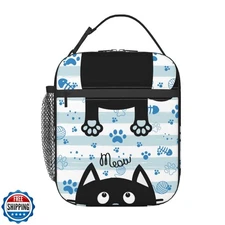 Anyako Black Cat Lunch Box for Kids Boys Girls, Blue and White Striped Cat Pa