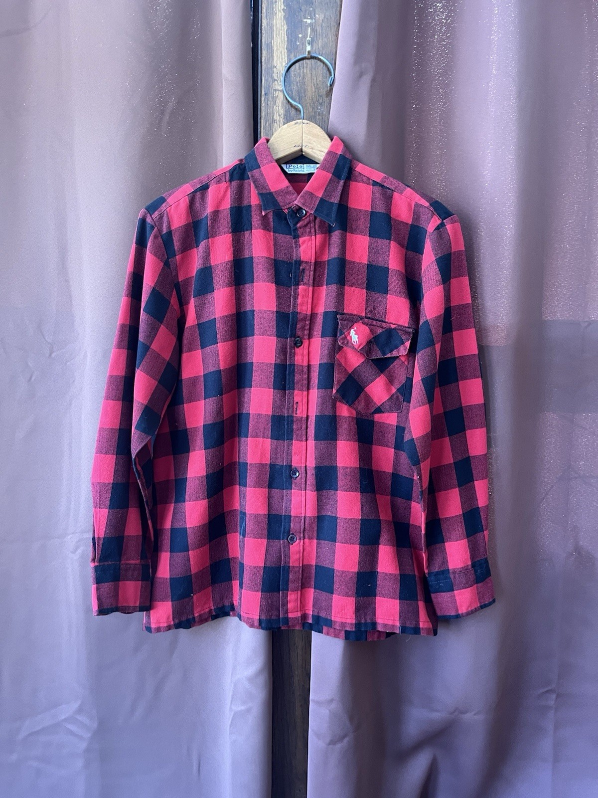 Vintage Rare Polo Ralph Lauren Wool Blend Red and Black Plaid Button Down Mens M