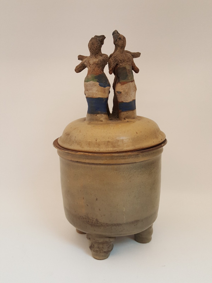 Vintage 70s tall covered dish figural lid artisan handcrafted footed