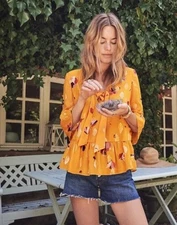 Sézane Anita Silk Blouse in Grands Fleurs Safran Mustard Yellow EU 38 (US 6)