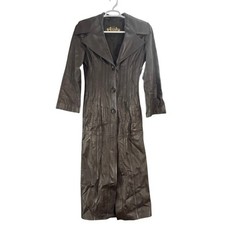 Gabardina de cuero marrón vintage Sazo Collection plisada pintuck chaqueta larga S
