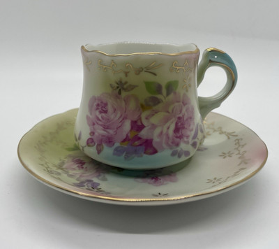 Vtg Nippon Cup & Saucer Pink Floral Gold Scalloped Embossed Rose Peony Demi Sun