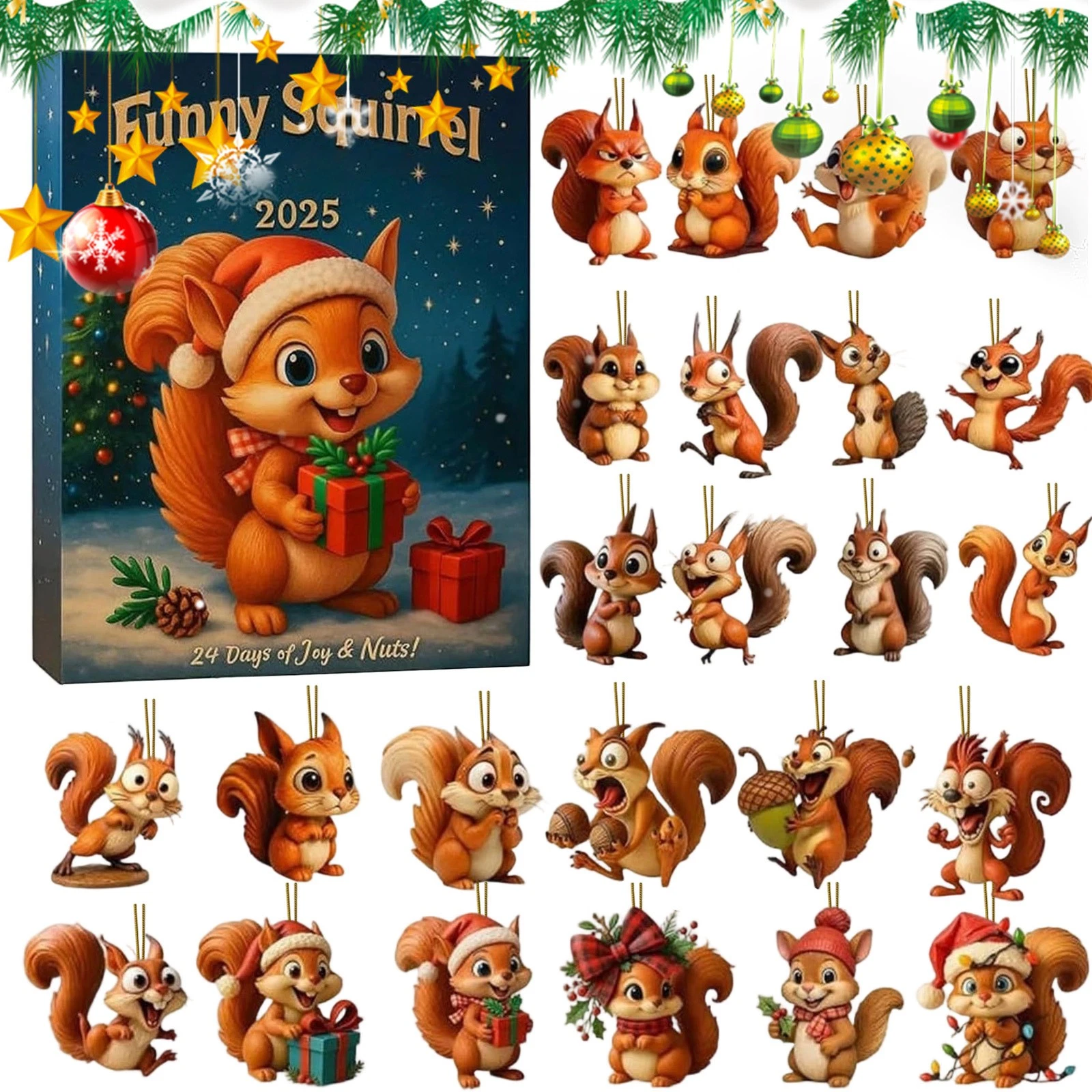 Christmas Countdown Funny Squirrel Advent Calendar 2025, 24 Days 2D Blind Boxes