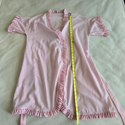 Vintage rosa weiß Seersucker gestreift Morgenmantel Kurzarm Rüschen Schärpe Taschen zum Binden - Bild 13 von 18
