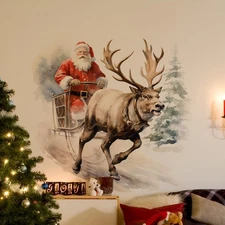 3D Christmas Reindeer Pulling Santa's Sleigh Wall Decal - Removable Tree Sticker