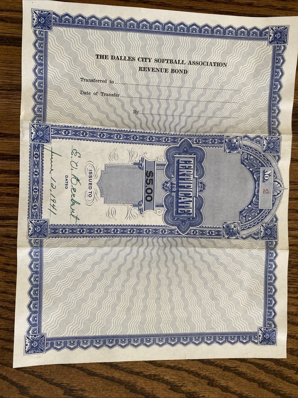 1941 The Dalles Oregon City Softball Asso Cert