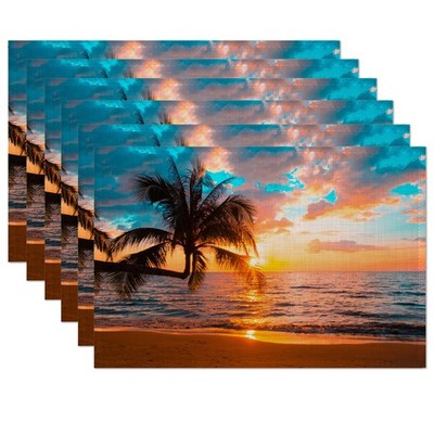 Tropical Palm Placemats Set of 6,Sunset Trees Sea Beach Table Mats Non-Slip H...