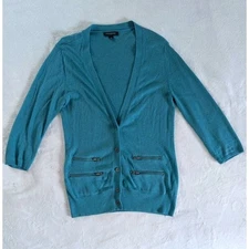 Banana Republic Teal Zipper Pocket Long Sleeve Cardigan Cotton Angora Women's M