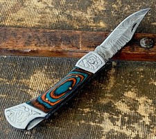 HAND MADE MULTI COLOR WOOD HANDLE FORGED DAMASCUS STEEL FOLDING BLADE