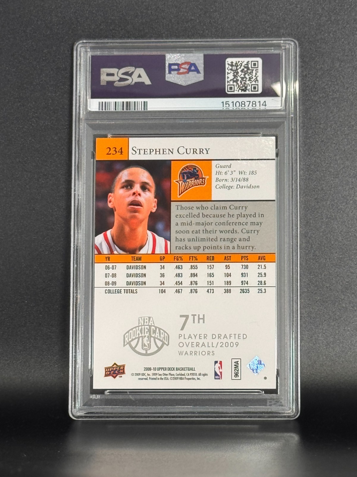 Stephen Curry 2009 Upper Deck Star Rookies #234 RC PSA 10 Gem Mint view 6