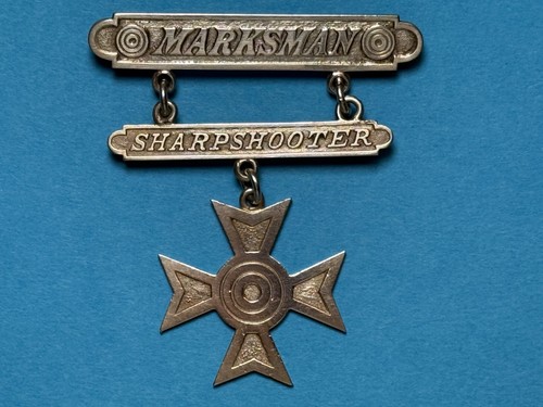 1885-1920, U.S.M.C. - U.S. ARMY, MARKSMAN, SHARPSHOOTER, BADGE, PINBACK, SILVER