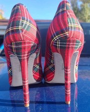 Zapatos de salón Wet Kiss tartán Navidad a cuadros para mujer 10 punta roja tacón de aguja