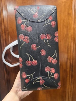 NWT Coach City Tote Bag With Cherry Print In Leather in Black
