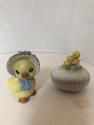 Lot Of Two Yellow Chicks. One With Bonnet One With Trinket Box Enesco Taiwan