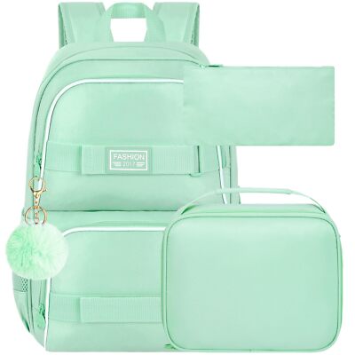3PCS Bookbag for Girls 17'' Water Resistant School Bag with Lunch Box Cute Gre...