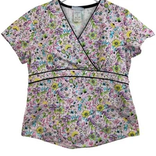 SB Scrubs Size S Scrub Top Pink Flower Pattern Has Pockets Tie Back A44
