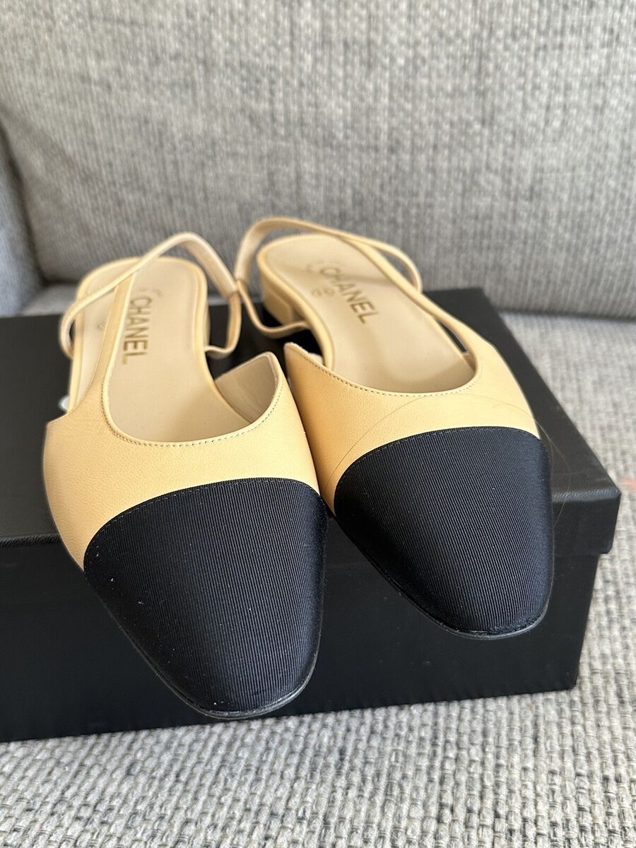 Chanel Beige Goatskin & Grosgrain Cap Toe Slingback Flats Sandals