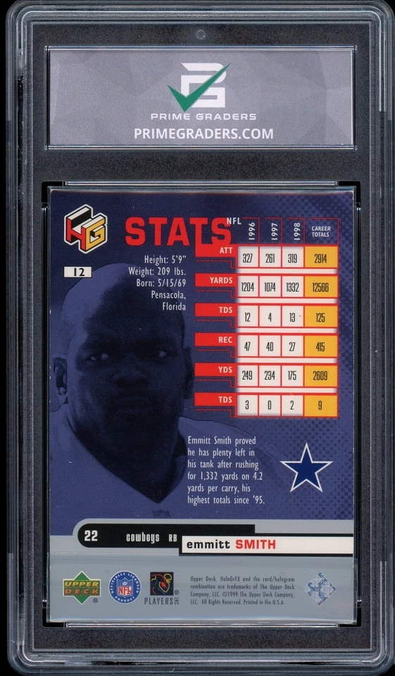 1999 Upper Deck HoloGrFX #12 Emmitt Smith GRADED 10 GEM MINT Card HOLO CARD - Image 2 of 2