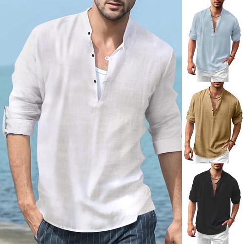 Men's Casual Cotton Linen Henley Shirts Long Sleeve Hippie Beach T-Shirt UK # - Picture 3 of 22