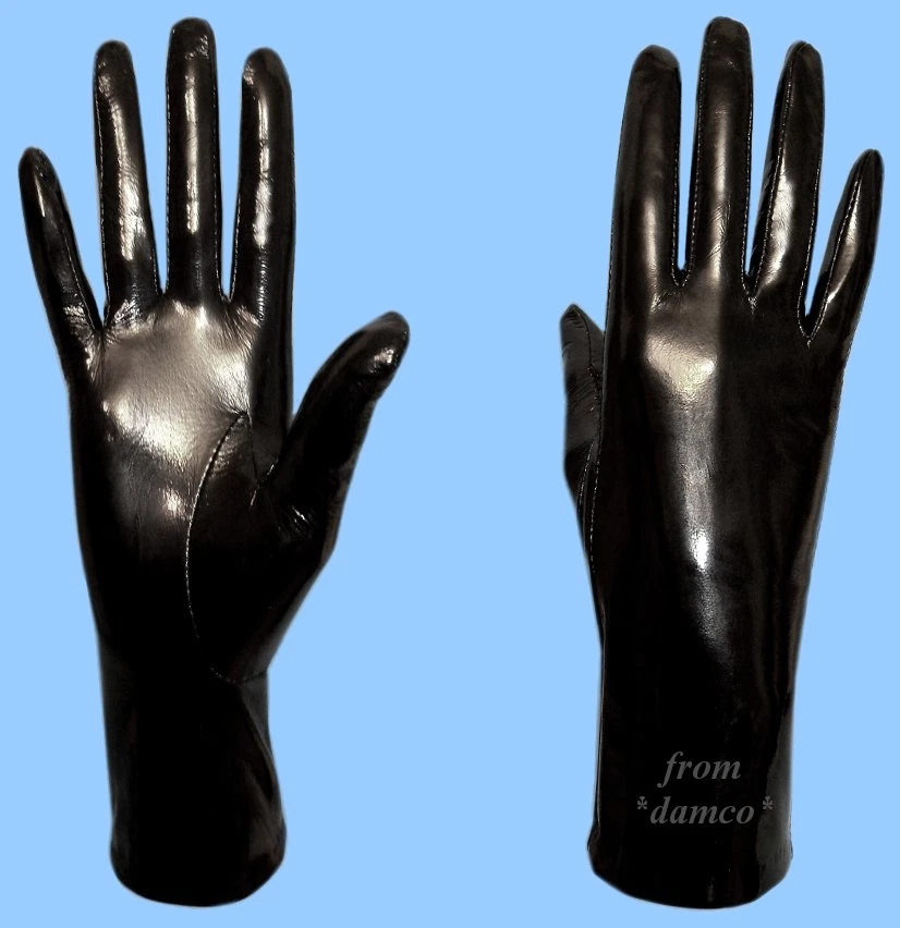 NEW WOMENS size 8 GENUINE BLACK PATENT LAMBSKIN LEATHER SILK LINED GLOVES
