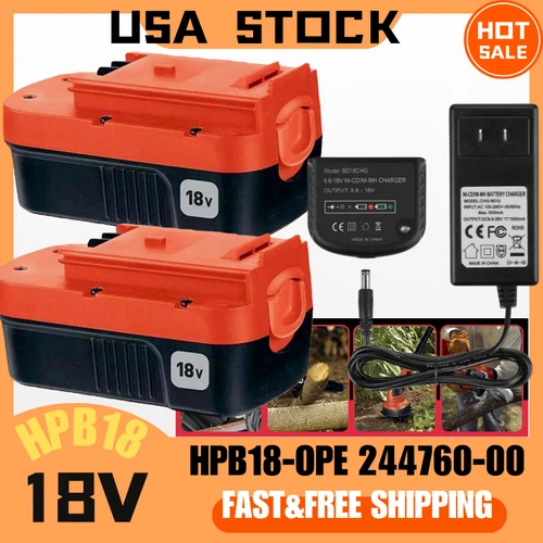 2X Battery for Black and Decker HPB18 18Volt HPB18-OPE /18V-24V Battery Charger
