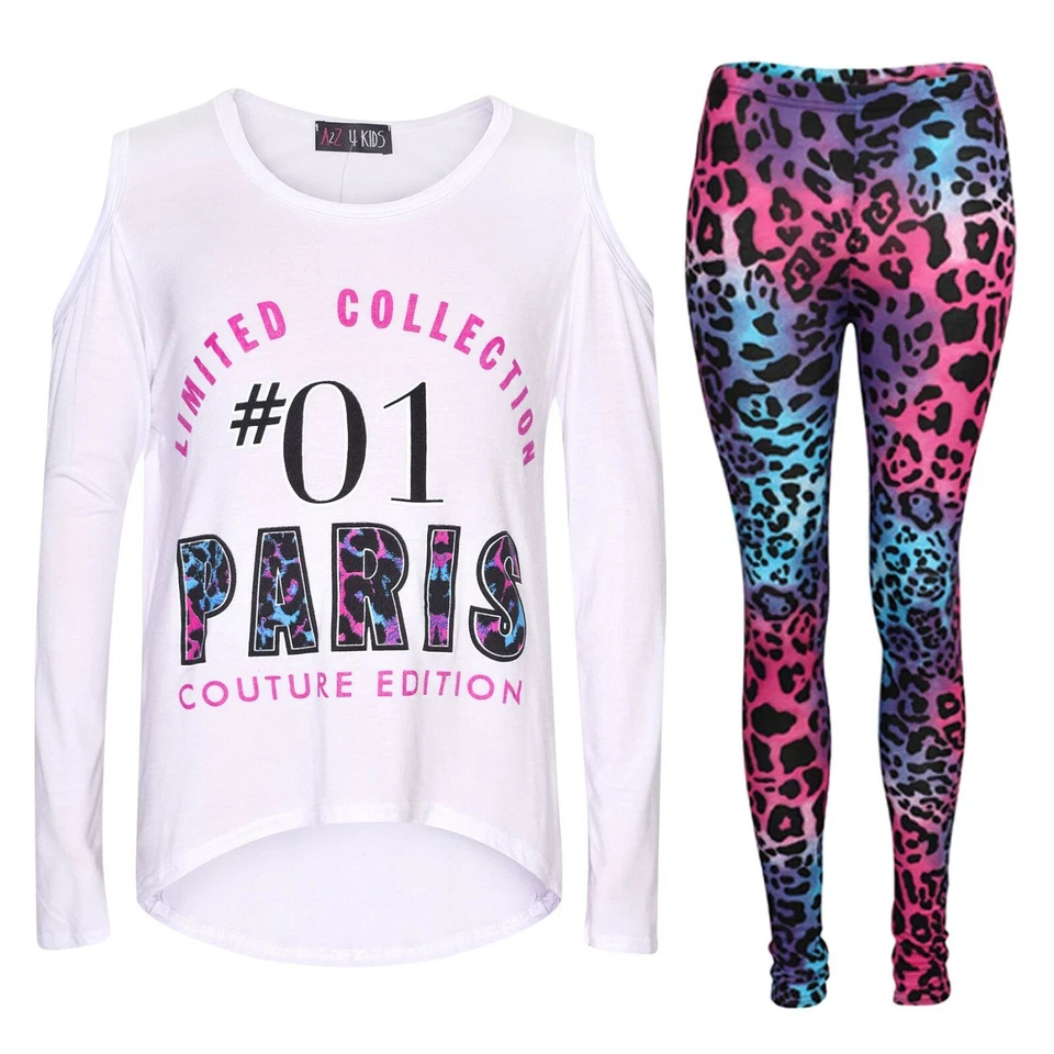 Haut Fille #01 Impression Paris Blanc & Multi Leoaprd Leggings Costume Habits - Photo 1/1